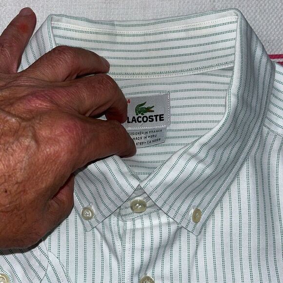 Green Stripe Off White Creme Mens Lacoste Alligator pocket LS men’s shirt 44 XL - Picture 6 of 9